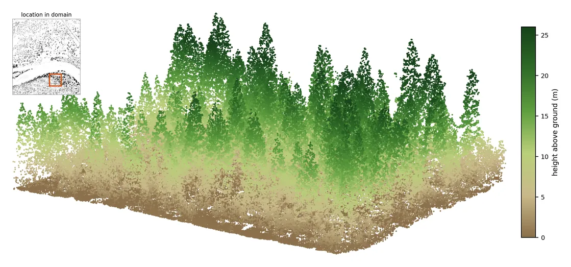 An oblique three-dimensional view of a 120 metre block of the lidar point cloud, with an inset map showing where that block sits inside the domain. Brown points form a continuous ground surface; individual conifer crowns rise out of it as distinct spikes, shading from pale green at their base to dark green at their tips.