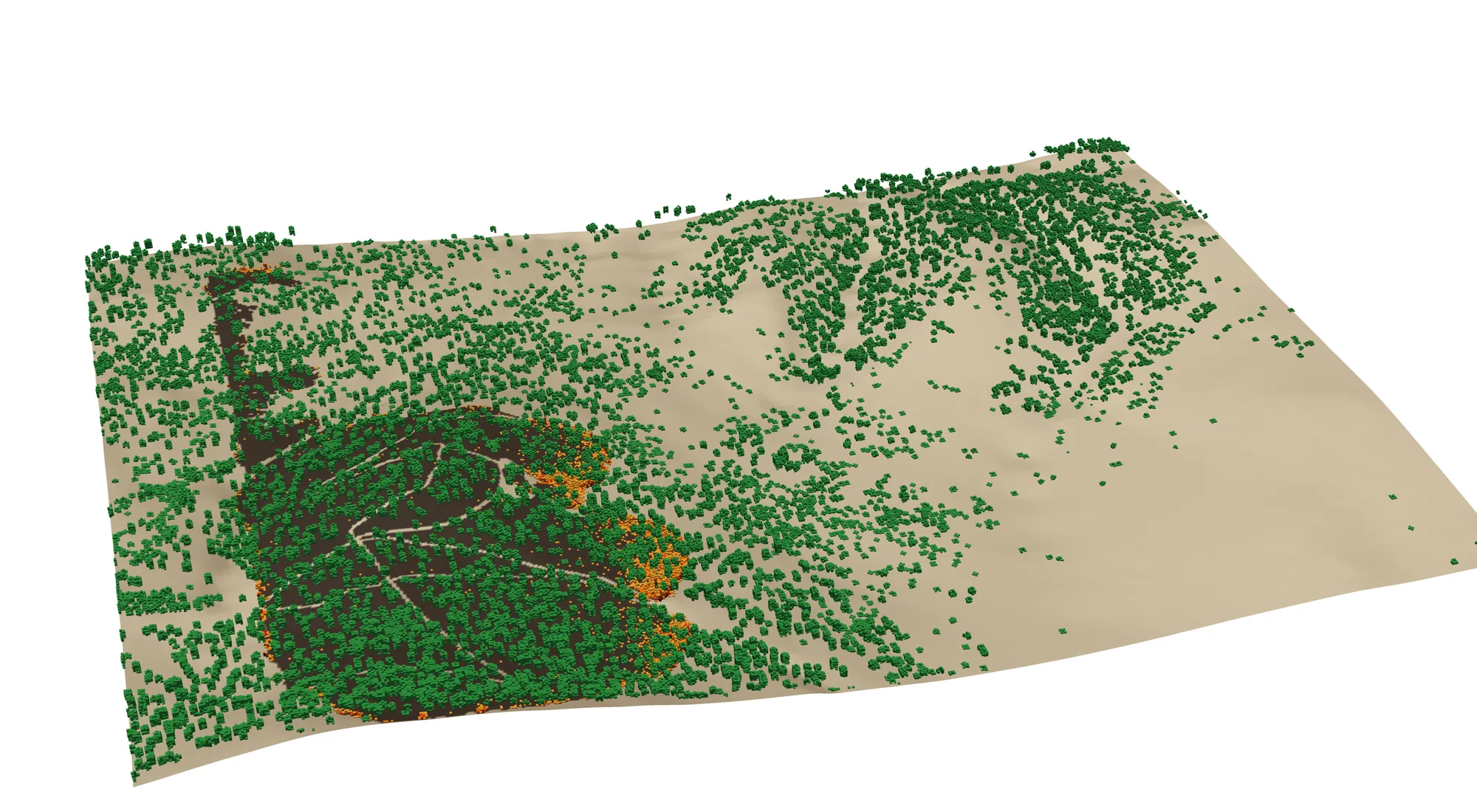 A high oblique three-dimensional rendering of the domain ten minutes into the simulation: green cubes show remaining modeled canopy fuel, dark terrain marks surface cells above the consumption threshold, and orange cubes show cells where QUIC-Fire reports energy released to the atmosphere above the plotting threshold.