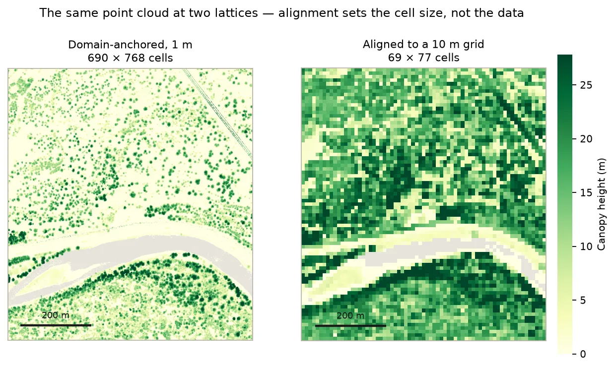 Two canopy height maps side by side of the same area. The left, at 1 metre, resolves individual tree crowns against a pale background. The right, at 10 metres, is visibly blockier and much greener overall, with far less pale background.