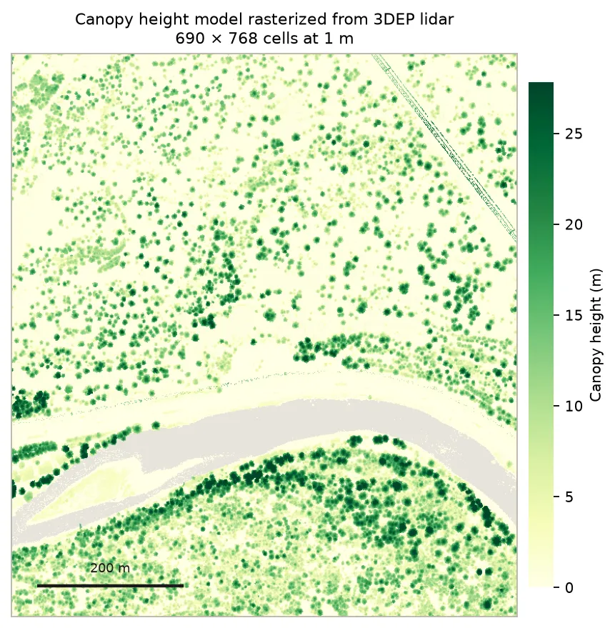 A canopy height model of the Blackfoot River domain rendered as a green-on-cream height map. Individual tree crowns are visible as distinct dots, dense along both river banks, with a pale grey band winding through the middle where the river itself returns no data.