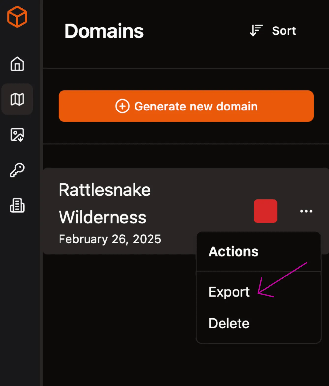Arrow pointing to the Export option from a domain.