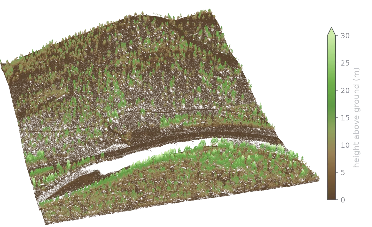 An oblique three-dimensional view, from the south, of the point cloud over the whole Blackfoot River domain. Brown returns trace the ground surface up a hillside and across the valley floor; trees rise out of it as green spires, densest along both banks of the river. The river itself is an empty channel across the lower half.