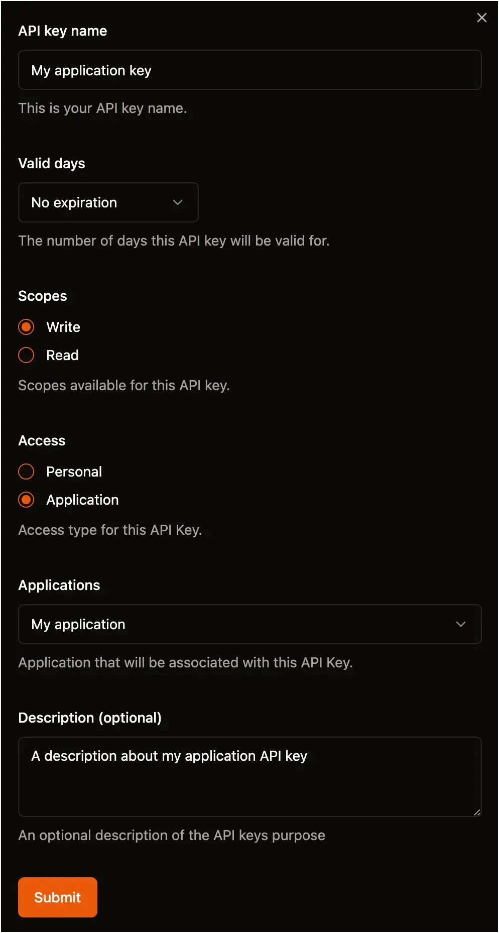 A filled out new application api key form