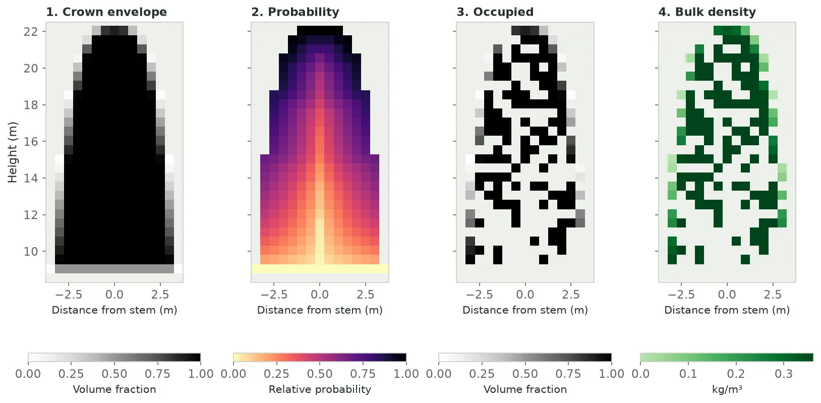 Four vertical sections through the same ponderosa pine crown at 0.5 metre resolution, side by side, from the crown base near 9 metres to the tree top at 22 metres. Panel 1, crown envelope: a solid black crown about 7 metres wide, widest at its base and rounded at the top, with grey partial voxels along its edges. Panel 2, probability: the same crown coloured from pale yellow at the bottom and along the stem to dark purple at the top and outer edge. Panel 3, occupied: about half of the crown's voxels in black, scattered with gaps, sparse near the crown base and along the stem. Panel 4, bulk density: the occupied voxels in green, full voxels dark green and partial edge voxels lighter.